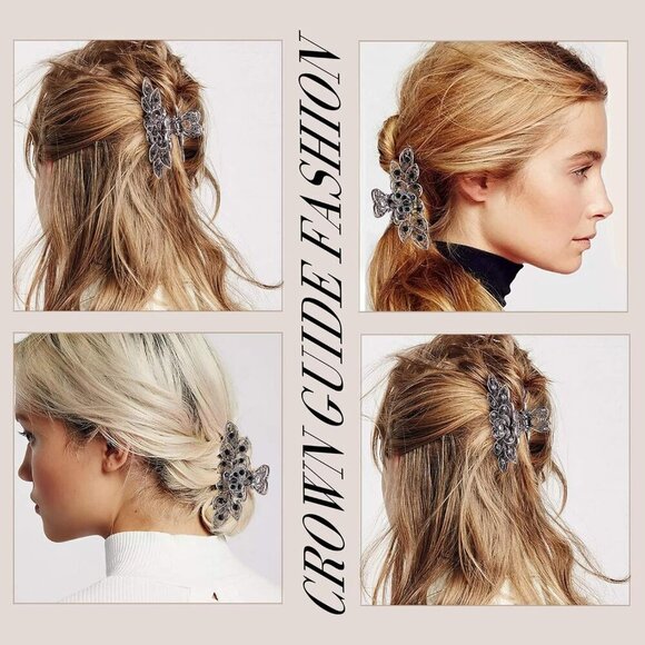 Vintage Rhinestone Flower Hair Claw Clip Navy Blue Thick Hair Accessories - Picture 7 of 7